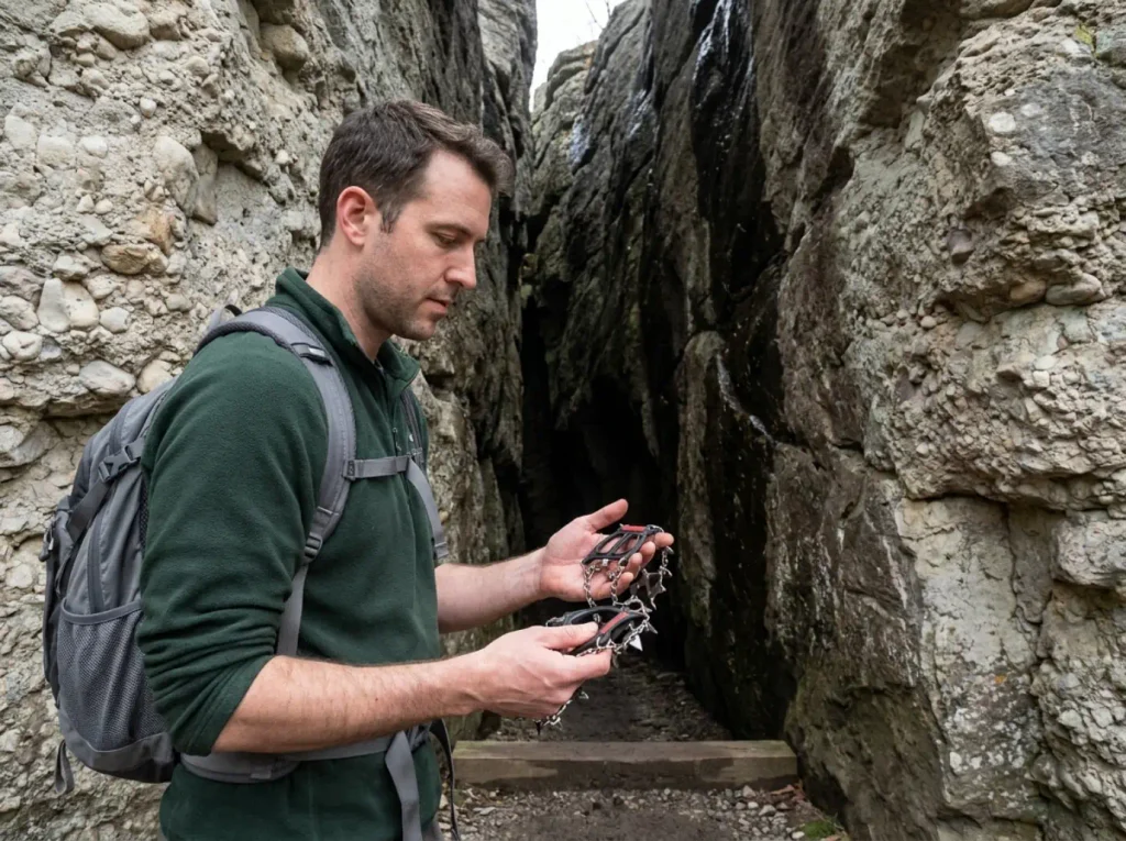 Hiker holding Kahtoola MICROspikes at the entrance to the ice caves at Sam's Point Preserve