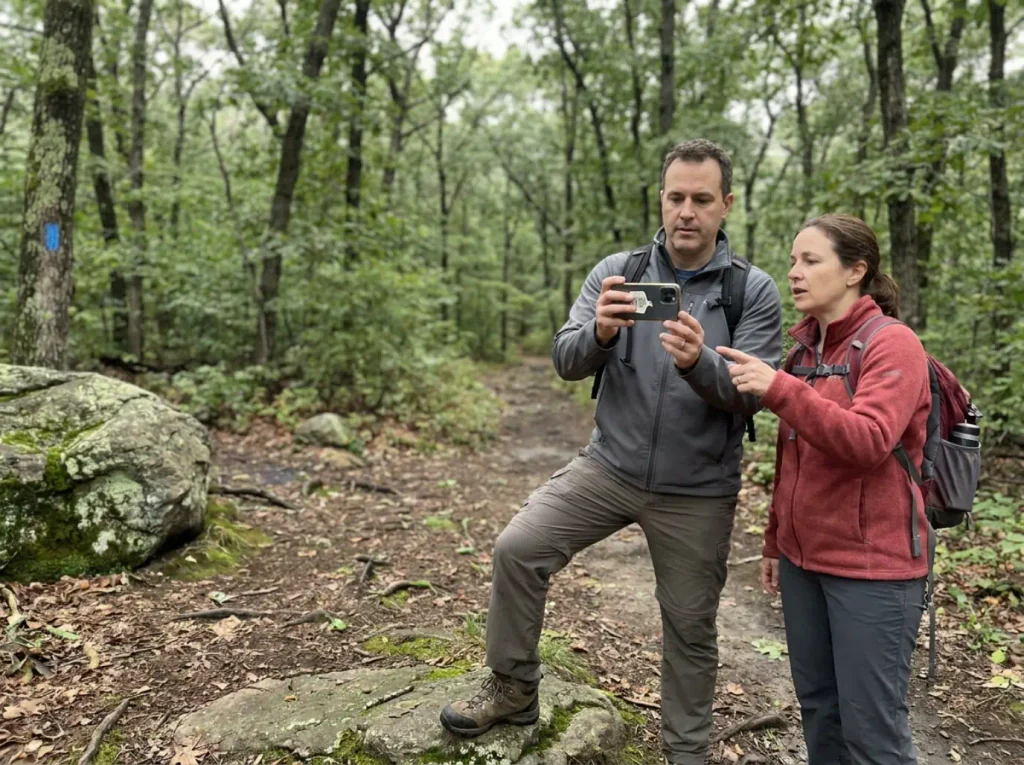 Two hikers stopped at a trail junction on Bear Mountain deciding whether to continue or turn back