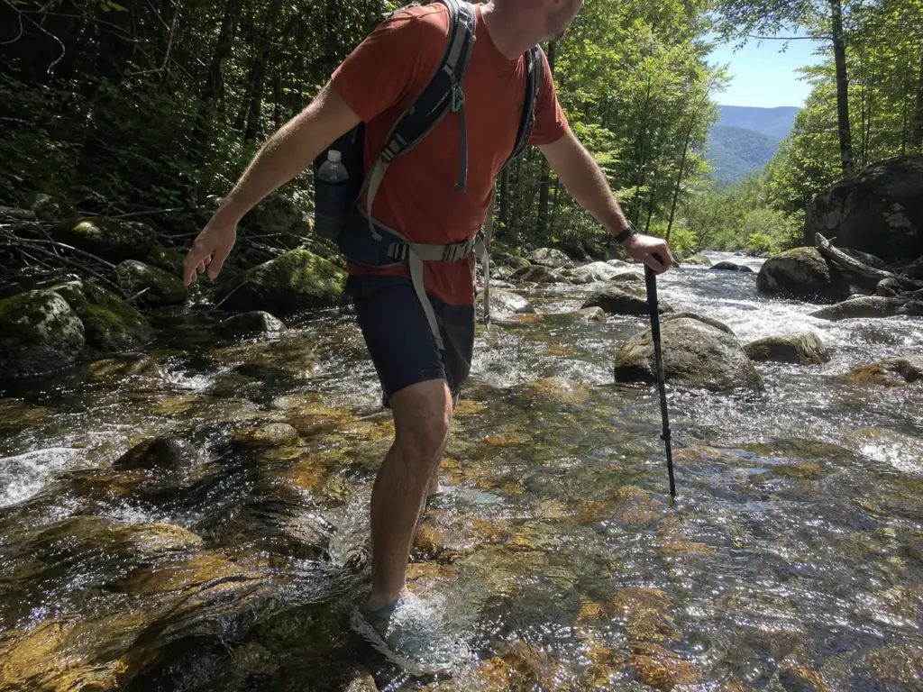 Hiker crossing an Appalachian Trail stream in mesh trail runners with water over the collar