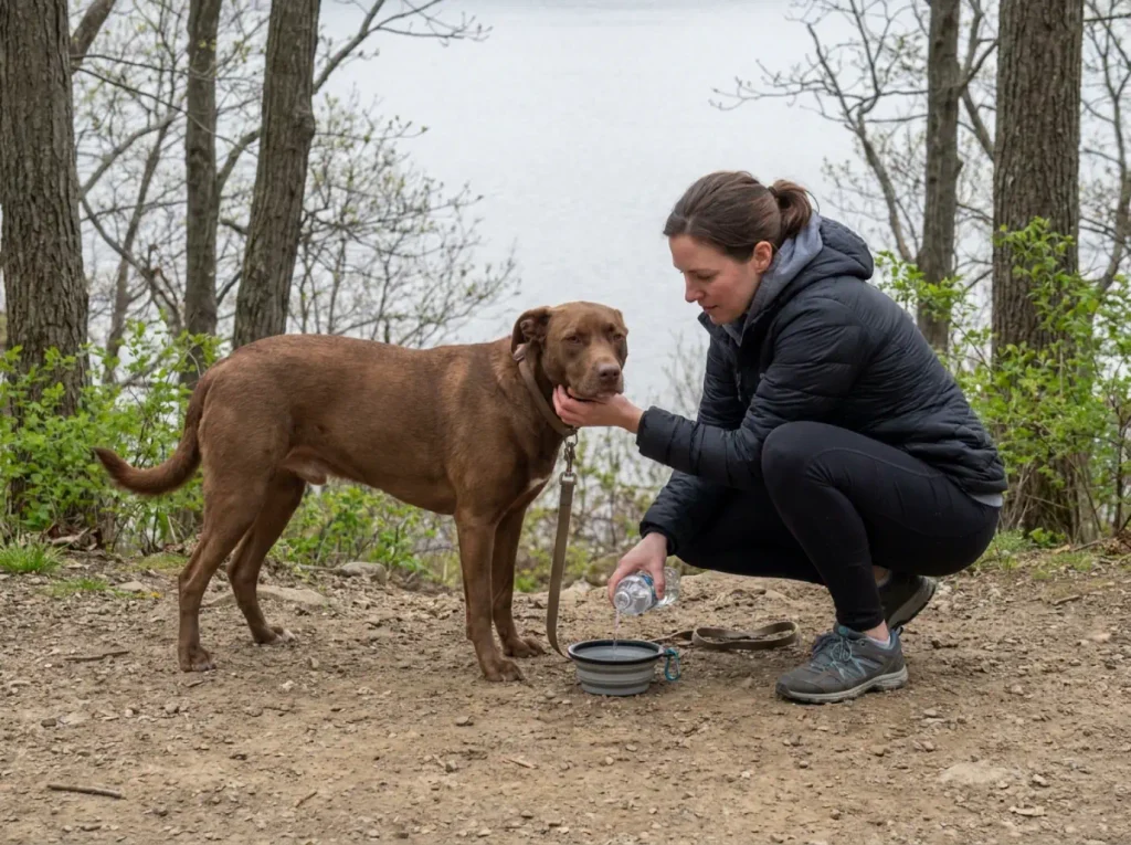 Hiker and dog resting on a gentle Hudson Highlands trail instead of the Breakneck Ridge scramble