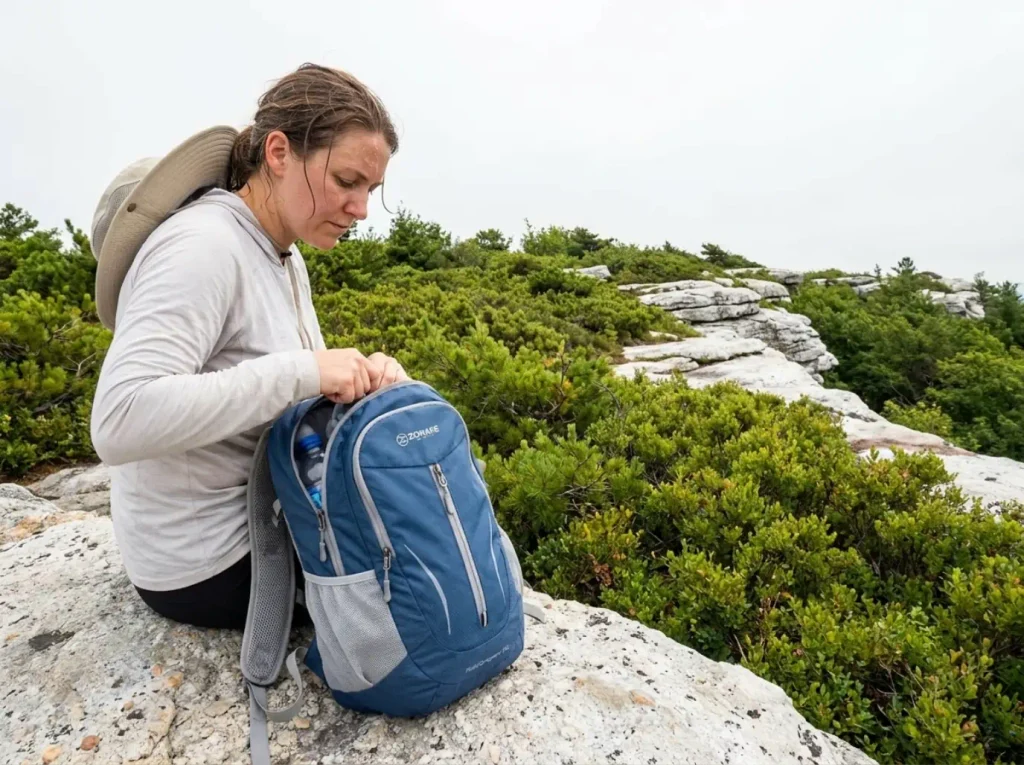 Hiker with a ZOMAKE packable daypack resting on the exposed dwarf pine ridge at Sam's Point