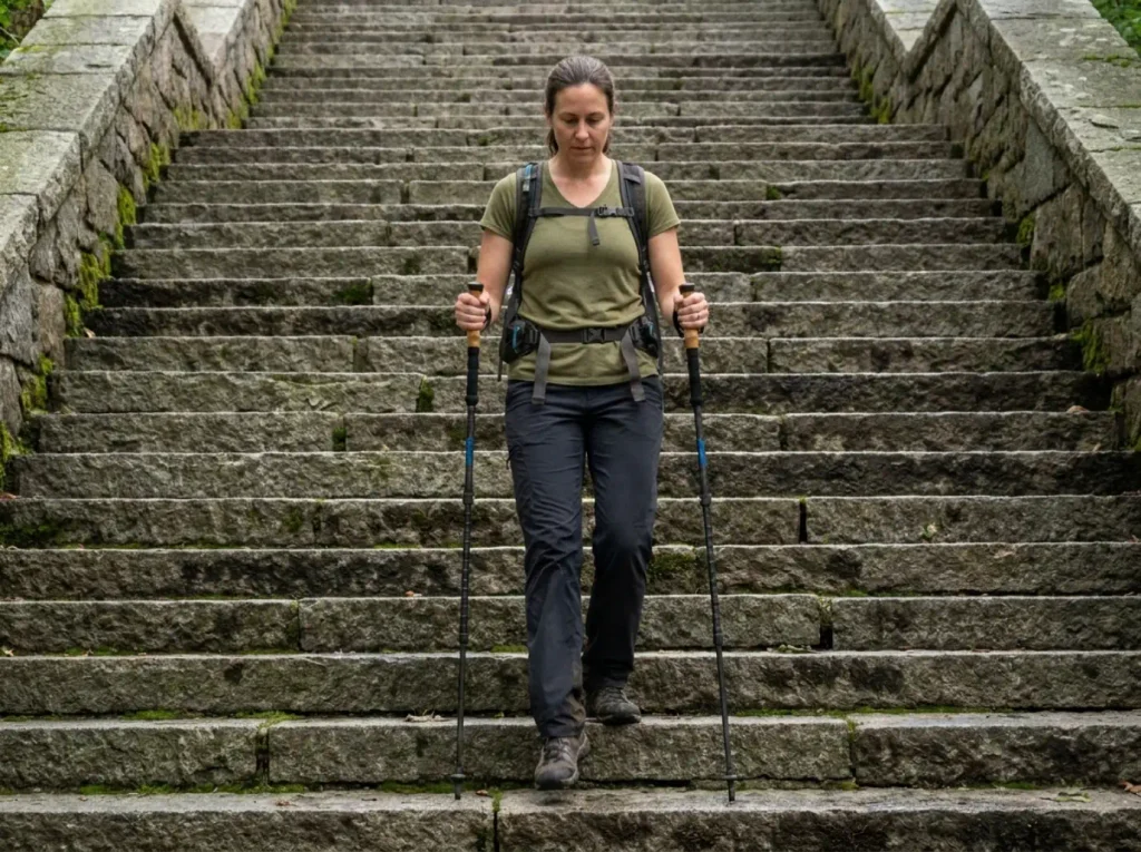 Hiker using Cascade trekking poles on the Appalachian Trail stone staircase down Bear Mountain