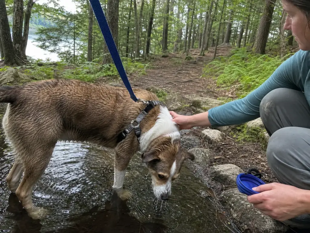 Leashed dog drinking on an easy dog-friendly hiking trail near Lake George New York
