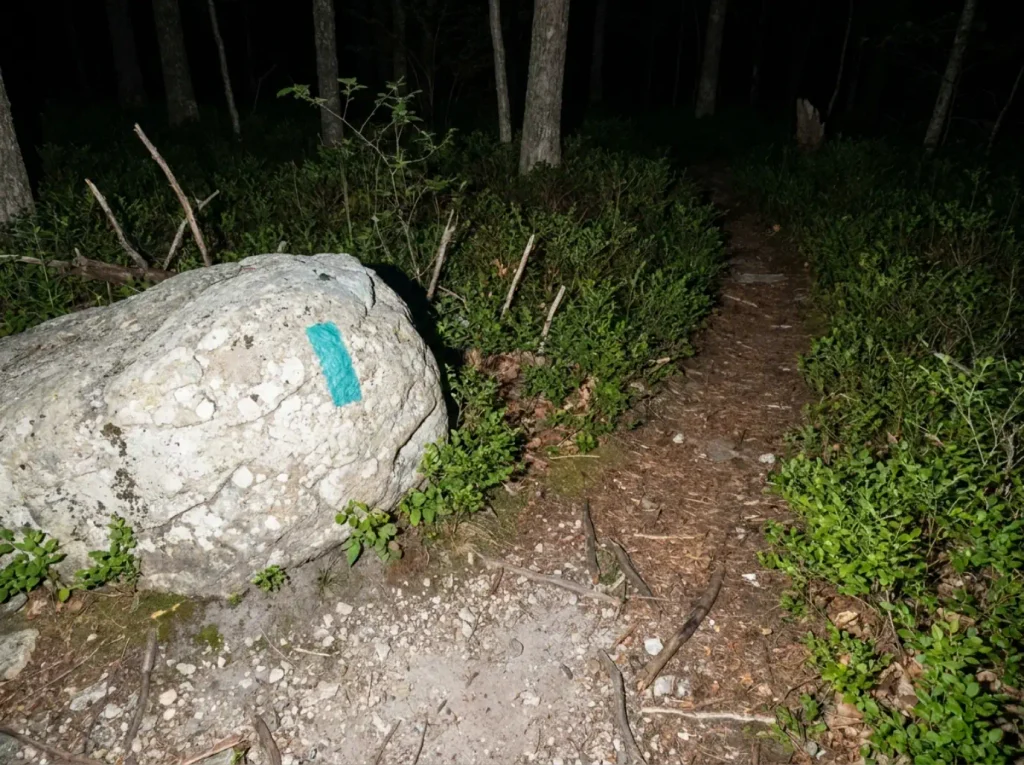 Teal Long Path blaze on rock at dusk where an unofficial herd path leaves the maintained trail