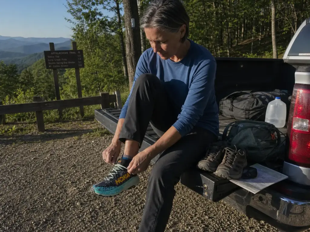 Hiker lacing HOKA Speedgoat trail runners at an Appalachian Trail trailhead at dawn