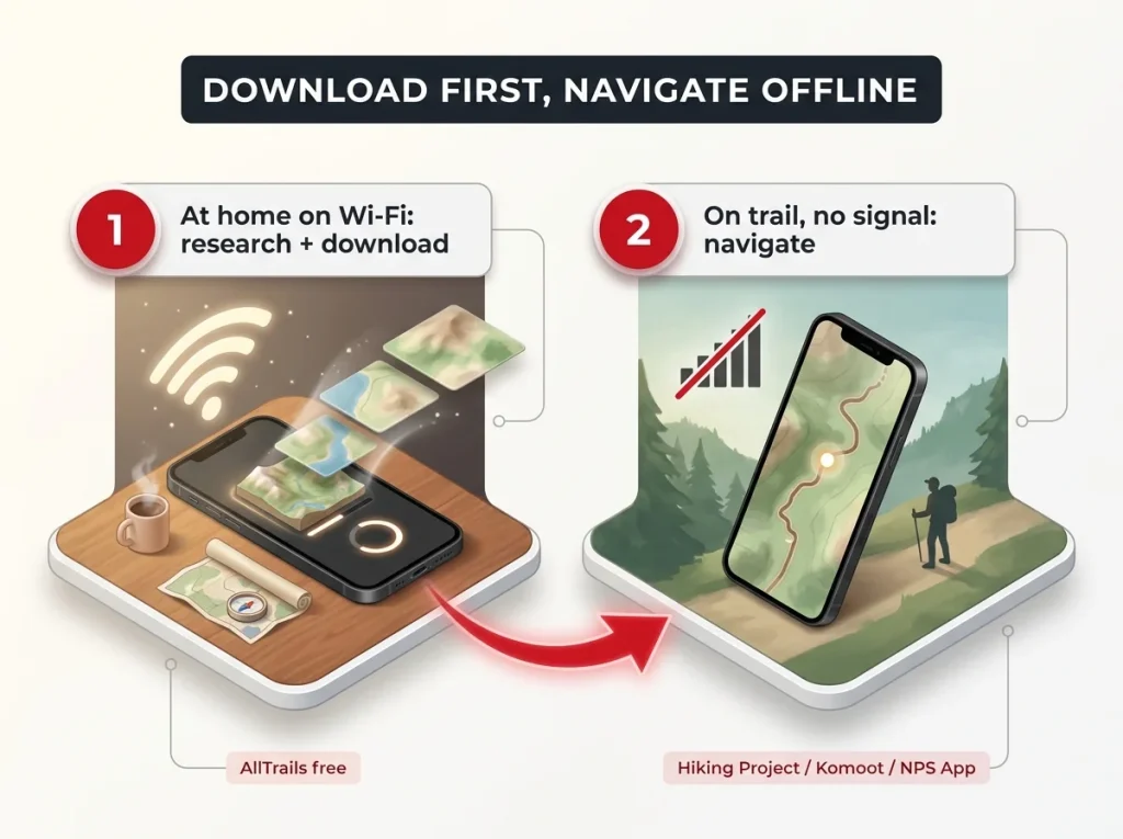 Two-step workflow showing download the trail at home on Wi-Fi then navigate offline on trail with no signal