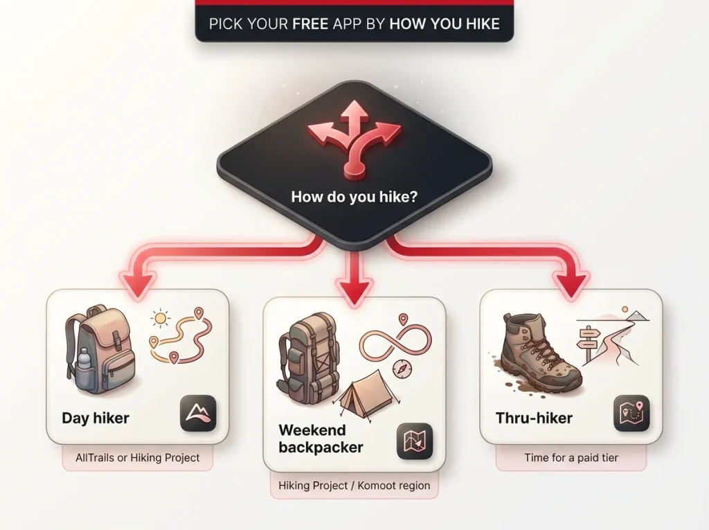 Decision flowchart routing day hikers, weekend backpackers, and thru-hikers to the best free hiking app for each