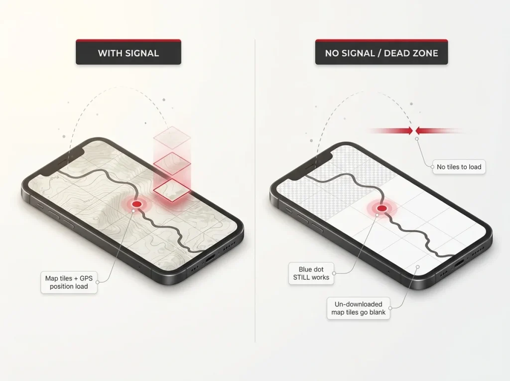 Diagram comparing phone with signal loading map tiles versus no signal where GPS blue dot works but map goes blank