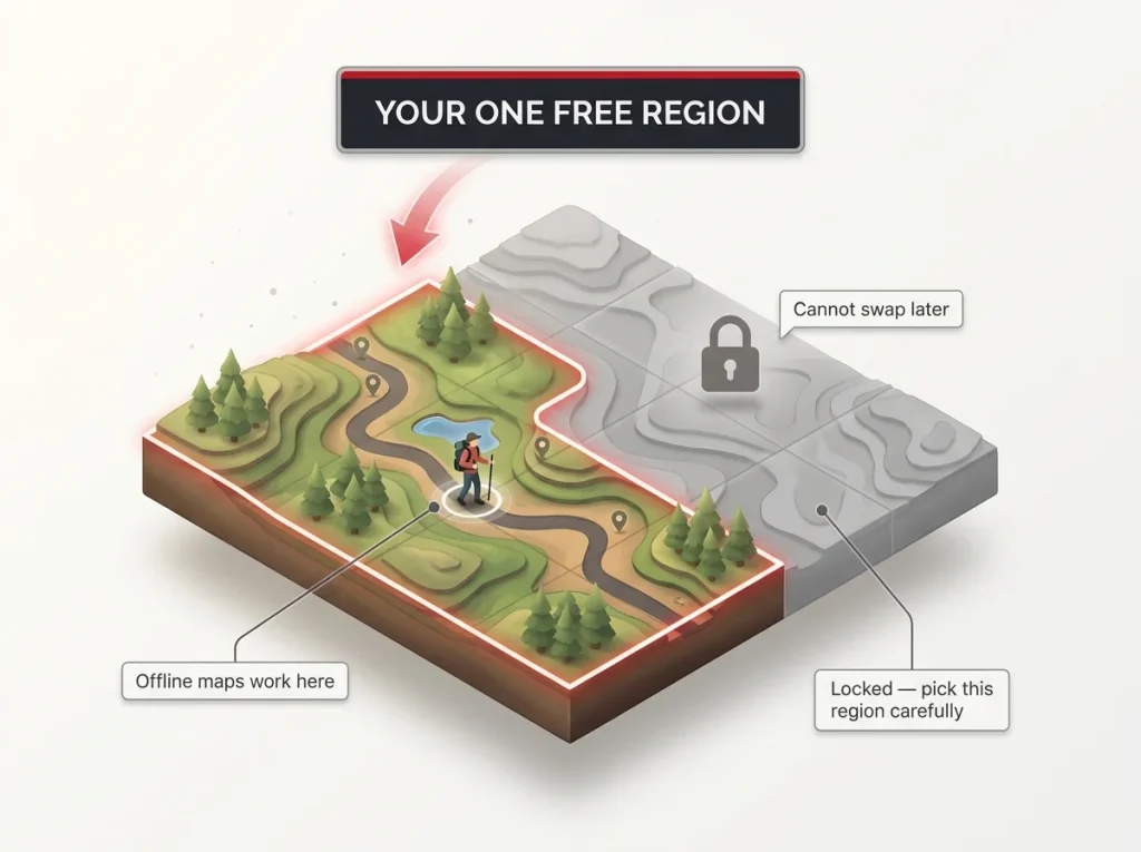 Annotated map showing one free offline-capable hiking region with a hiker inside the boundary and locked greyed terrain outside