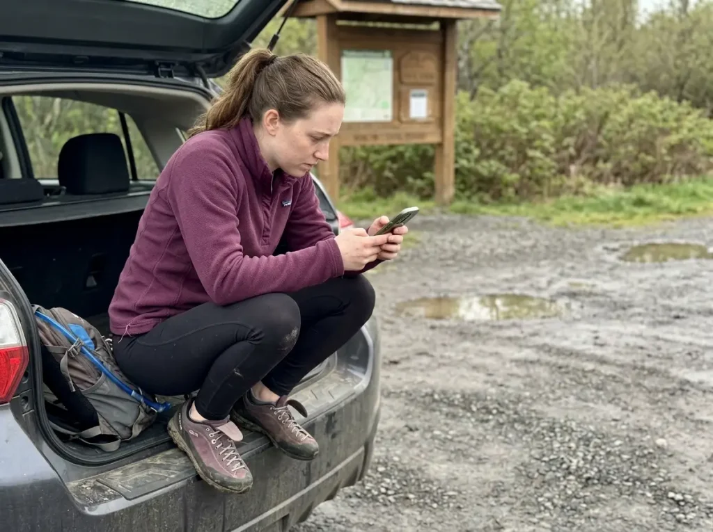 Hiker planning a route on the AllTrails free app at a trailhead with signal