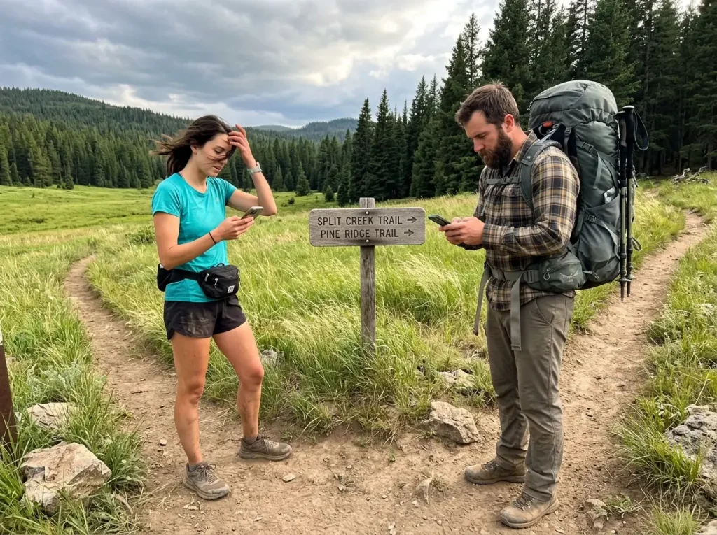 A day hiker and a loaded backpacker comparing free hiking apps at a trail junction