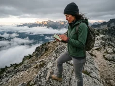 3 Free Hiking Apps That Work With No Signal Hiker checking a free hiking app on a phone on a signal-less ridge at dawn