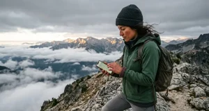 3 Free Hiking Apps That Work With No Signal Hiker checking a free hiking app on a phone on a signal-less ridge at dawn