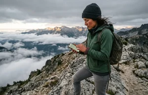 3 Free Hiking Apps That Work With No Signal Hiker checking a free hiking app on a phone on a signal-less ridge at dawn