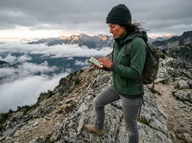 free-hiking-apps-no-signal-ridge Hiker checking a free hiking app on a phone on a signal-less ridge at dawn