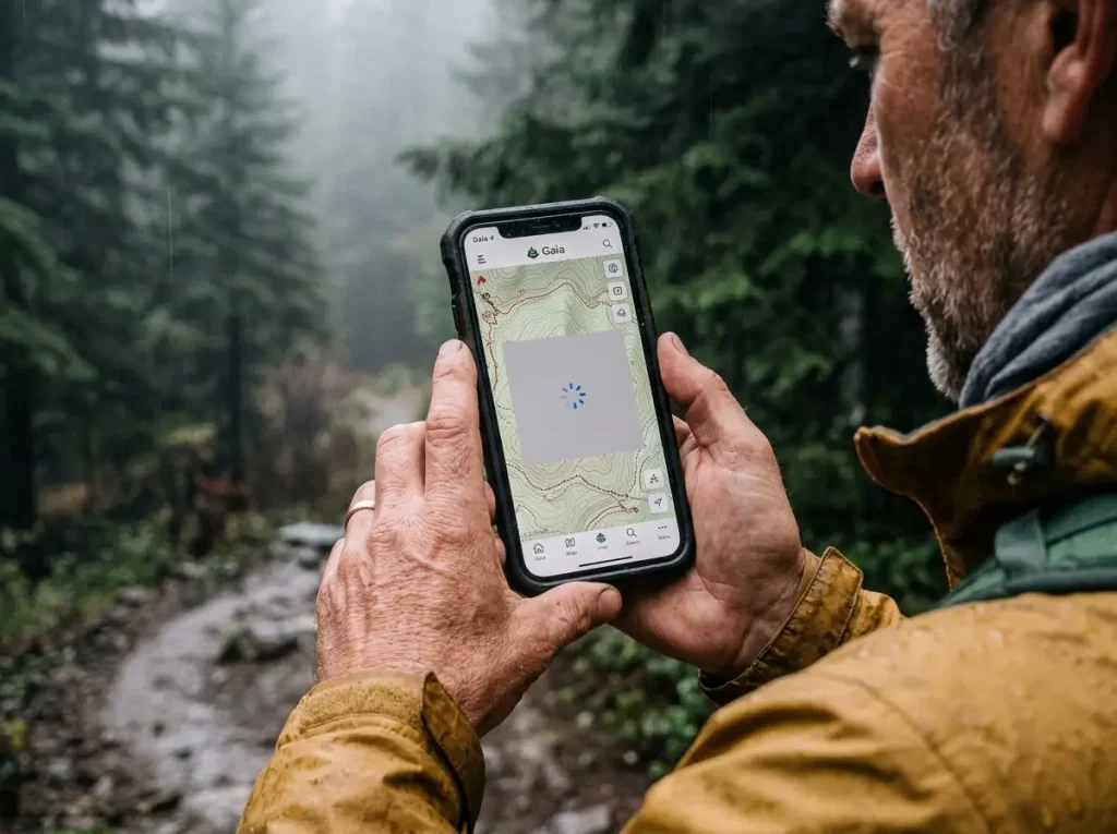 Phone showing the Gaia GPS app failing to load map tiles mid-trail