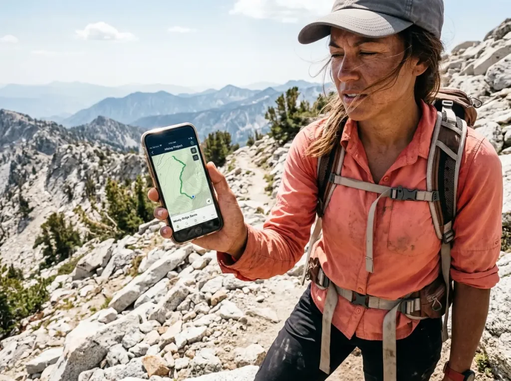 Hiker using the free Hiking Project app offline on a signal-less alpine ridge