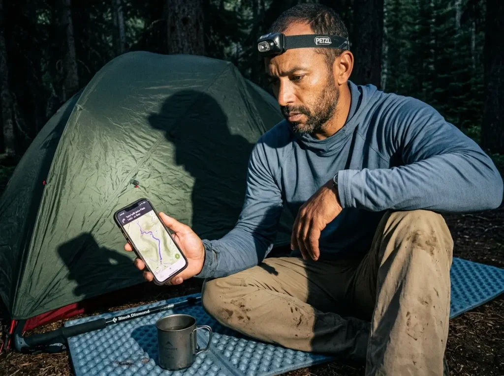 Hiker checking the Komoot free offline region by headlamp at dusk in camp