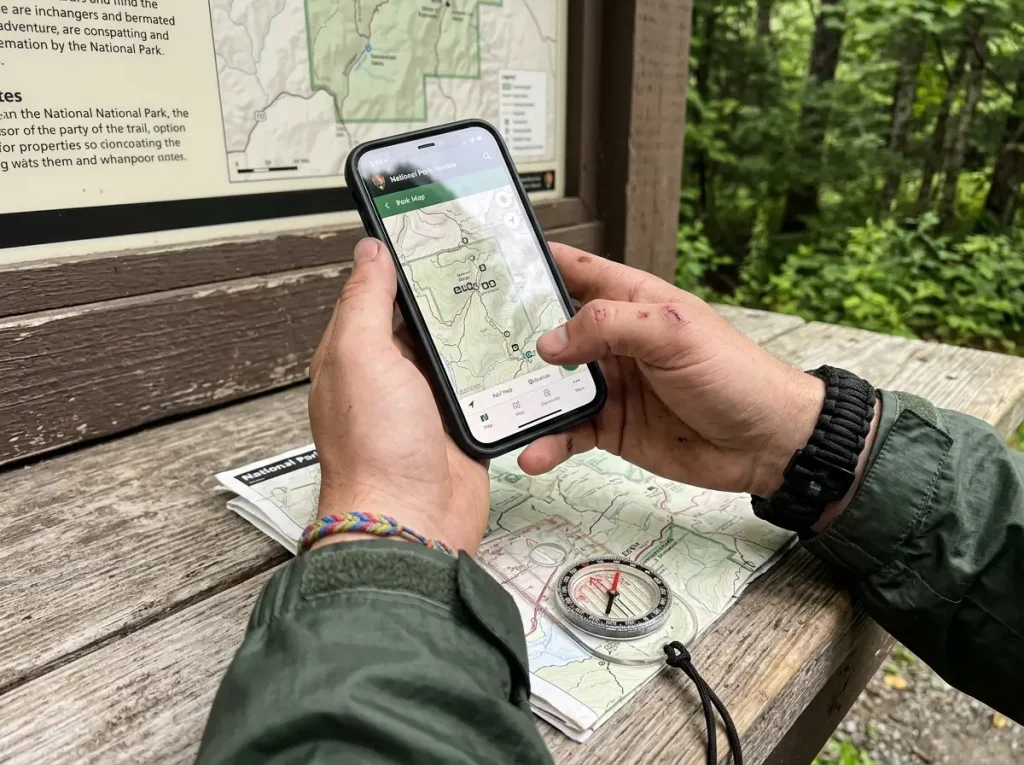 Hiker using the free NPS App offline beside a national park trail map
