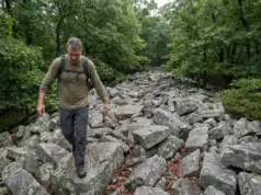 Hiking in Central PA Where the Rules Change Midtrail Hiker crossing a blocky sandstone rock field while hiking in Central PA's Ridge-and-Valley ridgeline