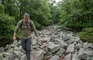 Hiking in Central PA Where the Rules Change Midtrail Hiker crossing a blocky sandstone rock field while hiking in Central PA's Ridge-and-Valley ridgeline