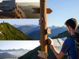 A hiker stands at a trail junction with signs pointing to different types of "Bald Mountain" landscapes, representing a guide to choosing the right trail.