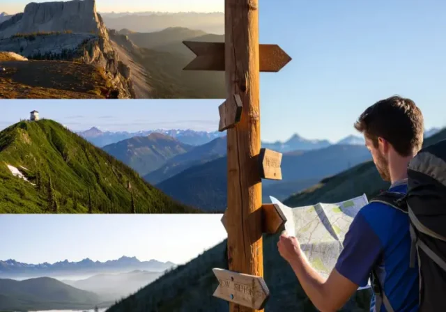 A hiker stands at a trail junction with signs pointing to different types of "Bald Mountain" landscapes, representing a guide to choosing the right trail.