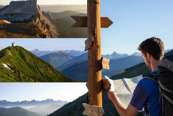 A hiker stands at a trail junction with signs pointing to different types of "Bald Mountain" landscapes, representing a guide to choosing the right trail.