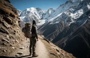 2025 Best Through Hikes: World Routes Ranked A full-body shot of a solo hiker with a backpack standing on a high-altitude trail overlooking a vast mountain range.
