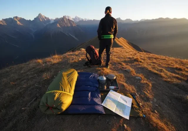 A thru-hiker and their complete, organized gear system laid out on a mountain pass at sunset, showcasing the evolution from day hiking to advanced backpacking.