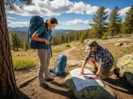 Two fully equipped hikers in a full-body shot at a trailhead, one adjusting their backpack and the other checking a map on a rock before starting their hike.