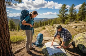 Day Hike Packing List 2025: The Ultimate Checklist & Safety Calculator Two fully equipped hikers in a full-body shot at a trailhead, one adjusting their backpack and the other checking a map on a rock before starting their hike.