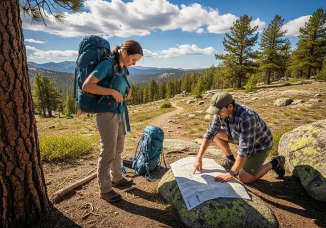 Two fully equipped hikers in a full-body shot at a trailhead, one adjusting their backpack and the other checking a map on a rock before starting their hike.