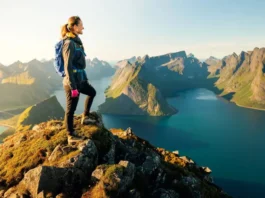 A female hiker stands on a summit in the Lofoten Islands, looking out at a panoramic view of dramatic mountains and fjords during a golden sunset.