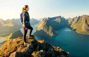 Hiking Lofoten: Trail Data on 12 Essential Summits A female hiker stands on a summit in the Lofoten Islands, looking out at a panoramic view of dramatic mountains and fjords during a golden sunset.