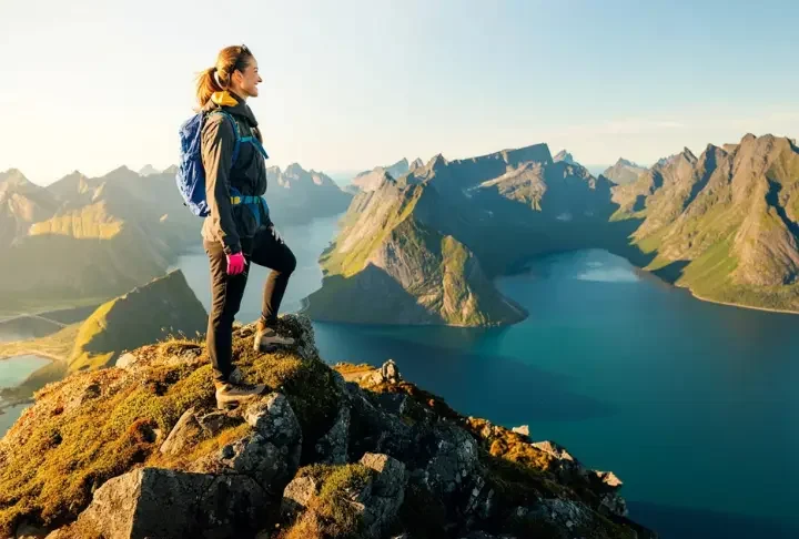 A female hiker stands on a summit in the Lofoten Islands, looking out at a panoramic view of dramatic mountains and fjords during a golden sunset.