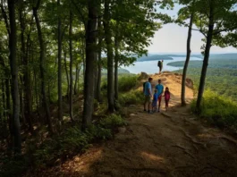 A scenic, wide-angle view of a hiking trail in Land Between the Lakes at sunset, with diverse hikers enjoying the path that winds through forests and up to a lake overlook.