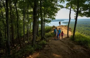 LBL Hiking: Trail Data for Every Skill Level A scenic, wide-angle view of a hiking trail in Land Between the Lakes at sunset, with diverse hikers enjoying the path that winds through forests and up to a lake overlook.