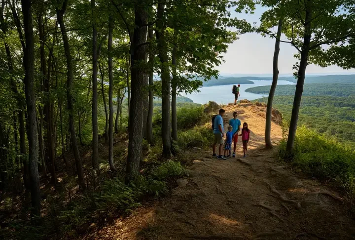 A scenic, wide-angle view of a hiking trail in Land Between the Lakes at sunset, with diverse hikers enjoying the path that winds through forests and up to a lake overlook.