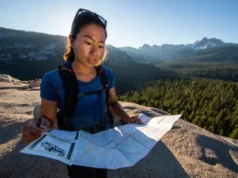 NorCal Backpacking Planner: A Comprehensive Guide to Trails, Permits, and Skills A female hiker stands on a granite ridge overlooking a vast Northern California landscape, carefully planning her route using a map and permit.