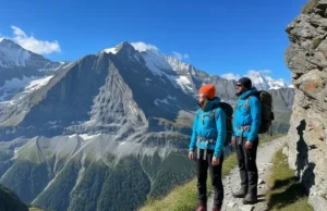 Best Swiss Hiking Trails: Expert-Reviewed Map & Guide A full-body shot of two hikers on a narrow trail in the Swiss Alps, looking at the view of the Eiger mountain.