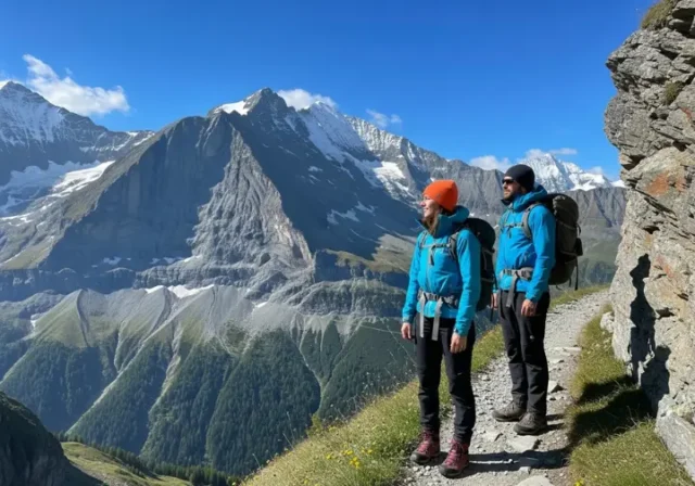 A full-body shot of two hikers on a narrow trail in the Swiss Alps, looking at the view of the Eiger mountain.