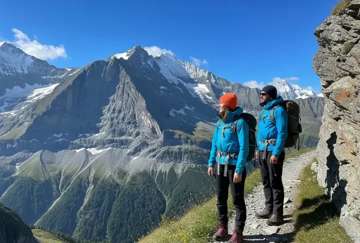 A full-body shot of two hikers on a narrow trail in the Swiss Alps, looking at the view of the Eiger mountain.