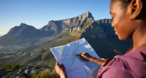 Choosing Your Table Mountain Hike: A Data-Backed Guide A hiker studies a map while looking out at the full expanse of Table Mountain, planning a data-backed hiking adventure.