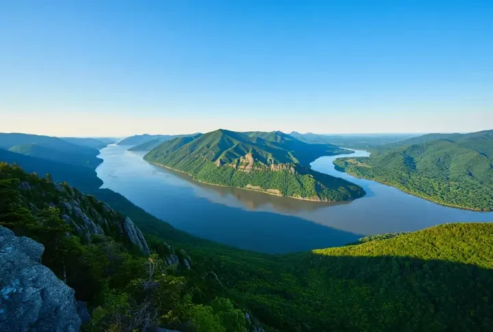 Epic panoramic view from Storm King Mountain, Cornwall NY, overlooking the Hudson River and Highlands, perfect for hiking.