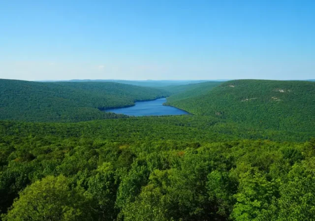 Panoramic view of Sterling Forest State Park NY's expansive forests and hills, representing a year-round nature escape.