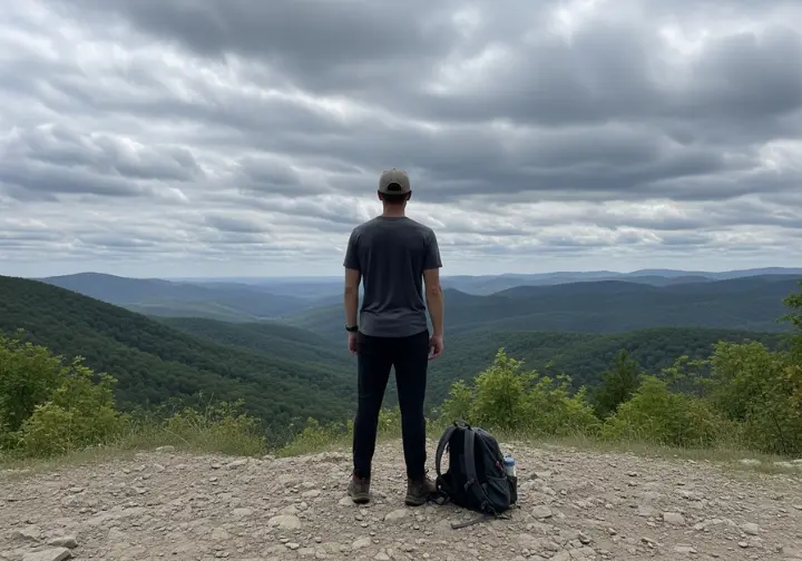 A lone hiker in a full-body shot stands on a ridge, looking out over a wide valley, representing the mindset behind a systems-based approach to packing.