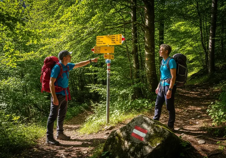 A full-body shot of two hikers examining a yellow Swiss hiking trail sign at a junction in the mountains.