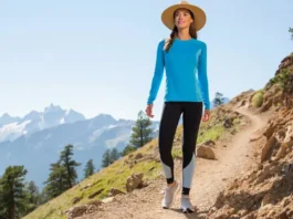 Woman hiking comfortably and stylishly in functional attire, representing the blend of style and function in ladies' hiking clothes.