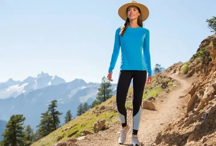 Woman hiking comfortably and stylishly in functional attire, representing the blend of style and function in ladies' hiking clothes.